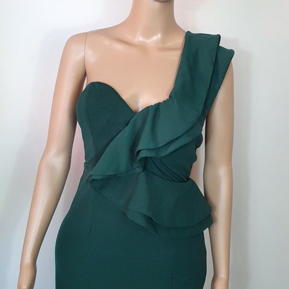 NWOT HELLO MOLLY Cocktail midi pencil dress S 10 shoulder teal  ruffle split - Picture 7 of 11